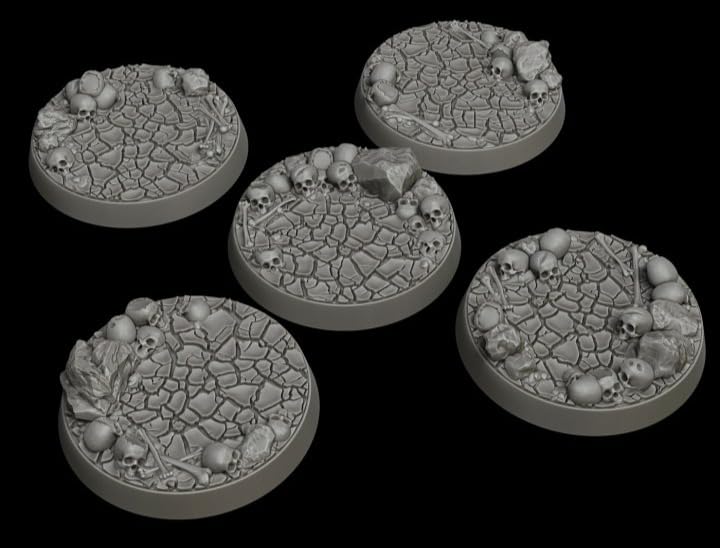 Wargaming Miniature Bases, 32mm Cracked Earth with Skulls, 3D Printed Resin, Pack of 5.