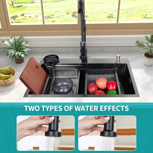 295-177-inch-Kitchen-Sink-Single-Bowl-Stainless-Steel-Sink-Multifunctional-Drop-In-Sink-with-Pull-Down-Faucet-and-Multiple-Accessories-black-grey-295-177-inch 295 177 inch Kitchen Sink Single Bowl Stainless Steel Sink Multifunctional Drop In Sink with Pull Down Faucet and Multiple Accessories black grey 295 177 inch