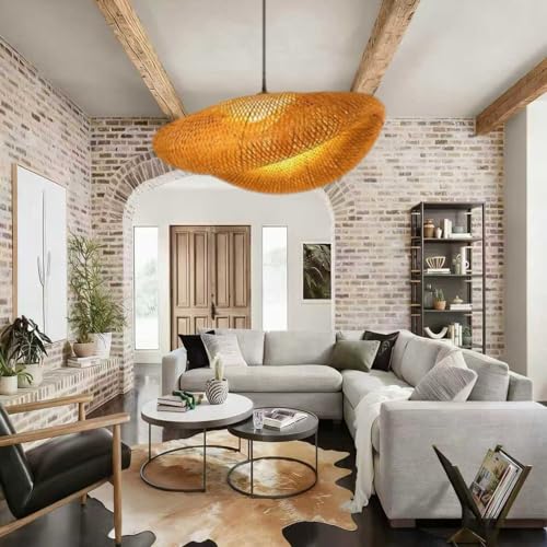 Abat-jour rond en bois tissé pour suspension et lustre de table à manger design