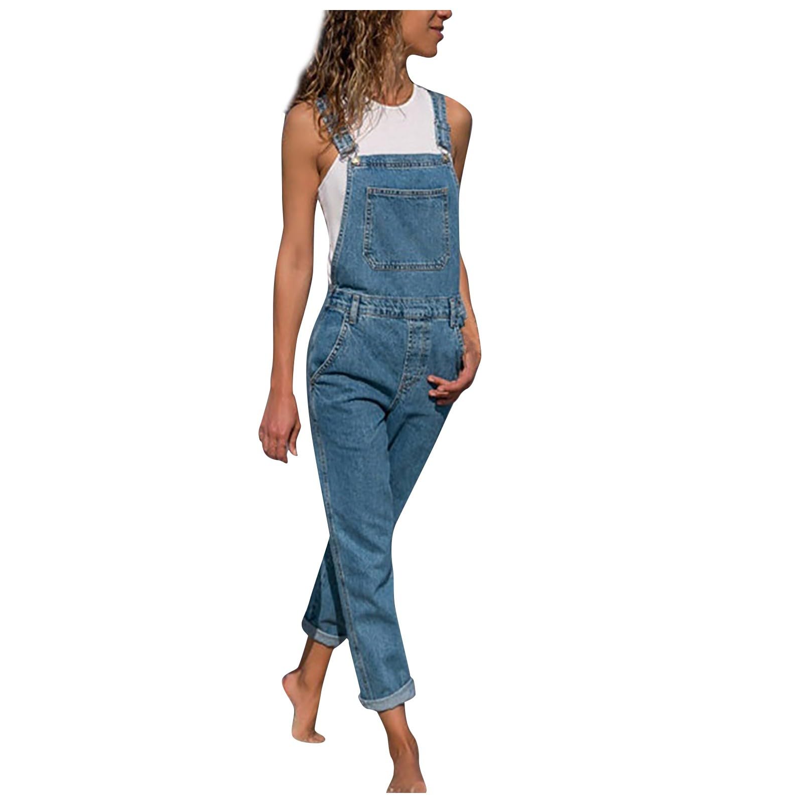 Générique Femme Salopette en Jeans Combinaison Pantalon Décontracté Vintage Playsuit Été Casual Jumpsuit en Denim Déchiré Bretelles Ajustables Salopette Ample Streetwear Salopettes