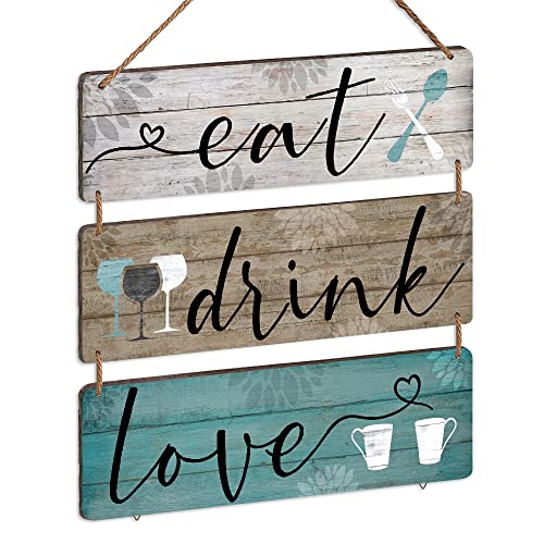 Küchen-Wanddekoration, rustikales Hängen, Essen, Getränke, Liebe, Holzschild, 3 Stück für Zuhause, Küche, Esszimmer, Wohnzimmer, Bar, Café, Dekoration, 35,6 x 10,2 cm Cover