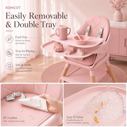 Image of Baby Girl High Chair, 6 in 1 Wooden Convertible High Chairs for Babies and Toddlers, Booster Seat with Double Tray & Reversible Footrest Baby Highchair, 5-Point Harness Baby Feeding Chair, Pink