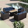 Rattaner 5-Piece Outdoor Patio Furniture 45 in Outdoor Fire Pits Patio Furniture Set 60000 BTU Outdoor Propane Fire Pit No-Slip Cushions Waterproof Covers, Navy Blue