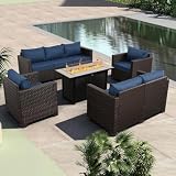 Rattaner 5-Piece Outdoor Patio Furniture 45 in Outdoor Fire Pits Patio Furniture Set 60000 BTU Outdoor Propane Fire Pit No-Slip Cushions Waterproof Covers, Navy Blue