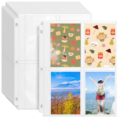 VOKOY Paquete de 50 fundas transparentes para fotos de 3.5 x 5 pulgadas para carpeta de 3 anillas, protectores de hojas de 4 bolsillos de doble cara, álbum de fotos de archivo, tarjetas de índice