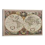Vintage Map Wall Poster - Seventeenth Century World Antique Style Map Travel World Map Detailed City Canvas Painting Wall Art Poster for Bedroom Living Room Decor 20x30inch(50x75cm) Frame-style