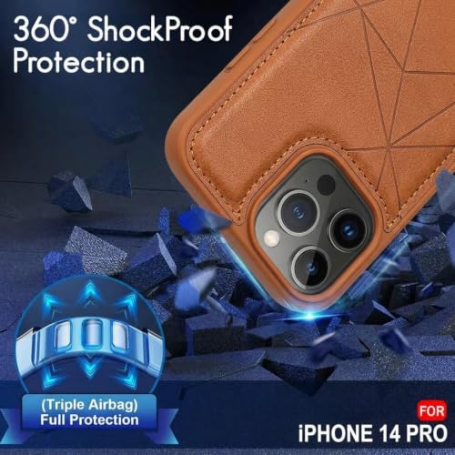 Image of amazon basics Premium Vegan Leather Back Cover with Card Holder and Integrated Mobile Stand for iPhone 14 Pro - Slim Shockproof Wallet Case with Geometric Stitching [Tan]