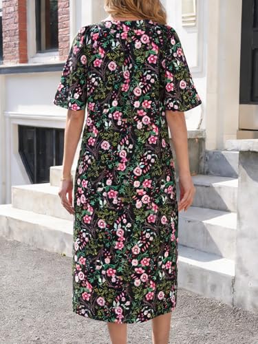 Image of Wenrine Womens Casual Maxi Dress Short Sleeve Loose Flowy Summer Dresses | flutter sleeve, v neck, loose fit, slit, long summer dress, beach, vacation