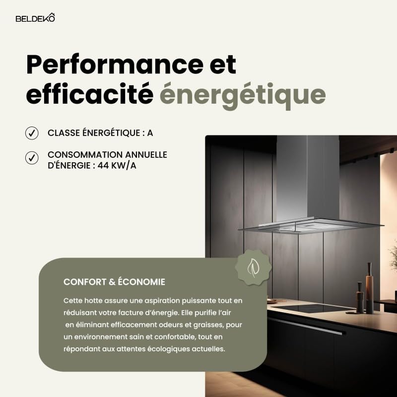 BELDEKO Hotte Îlot 90 cm Inox 556 m3/h 3 Vitesses - Marque Française