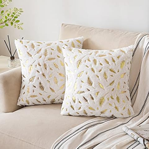 Woaboy Set of 2 Cushion Covers Golden Feather Cushion Covers Modern Decorative Cushion Elegant Decorative Sofa Cushion with Pattern for Sofa Bed Bedroom Office 45 x 45 cm White Cover