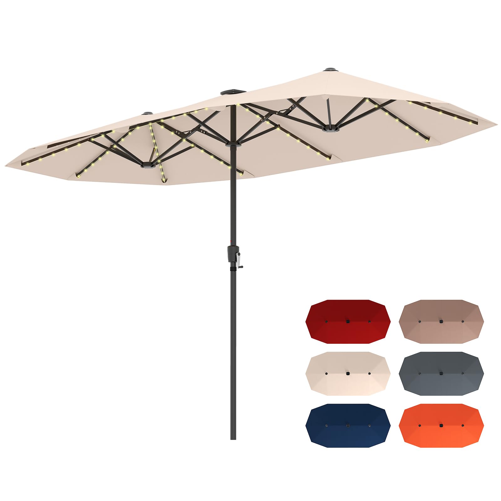 COSTWAY Sombrilla Terraza Exterior Doble 380×200 cm, Sombrilla Doble para Jardin con Manivela y 12 Varillas Resistente,Parasol Terraza Exterior para Mercado Jardín Patio (Beige, 380×200 cm con Luz)