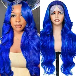 AAY 26 Inch Blue Lace Front Wig Human Hair 200 Density Blue Wig Human Hair 13x4 HD Lace Frontal Wig Blue Body Wave Lace Front Wigs Pre Plucked with Baby Hair Color Wigs