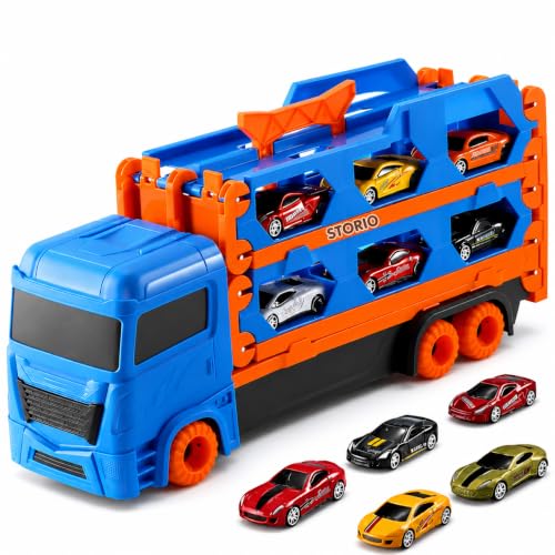 Image of Storio Big Hauler Storage & Deform Transport Truck Toy | 3-in-1 Transforming Carrier with Foldable Dual Racing Track & 2 Die-Cast Cars | Push & Go Toy for Kids Boys & Girls 3+ Years