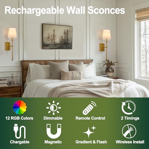 Image of Rechargeable Battery Operated Wall Sconces Set of 2 with Remote Control,No Wiring 15 Colors Dimmable Wall Light with White Fabric Shade,Cordless Wall Lamps for Bedroom Living Room Hallway