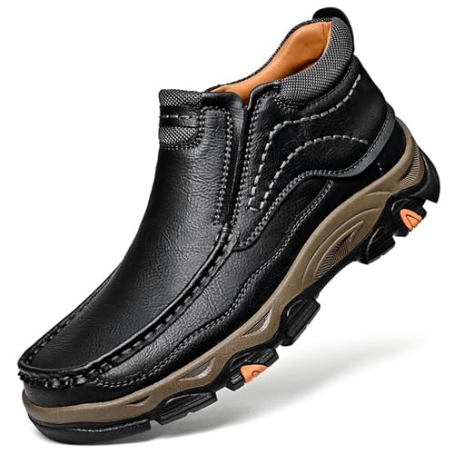 Men's Leather Hiking Shoes, Slip on Loafers Walking Boots, Waterproof Causal Sneakers, Work Walking Slippers, Easy Wear on/Off