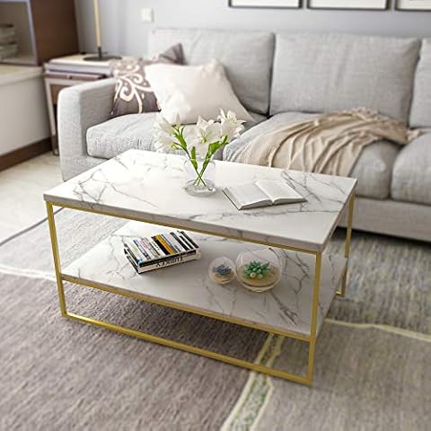 roomfitters White Marble Coffee Table Cocktail Table Modern Center Table for Living Room with Gold Metal Legs, 2 Tier Living Room Table Cover
