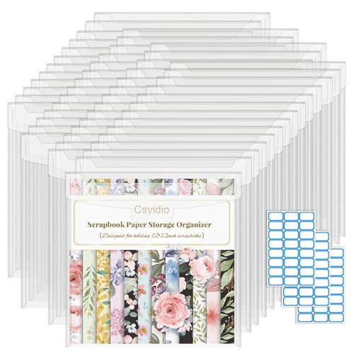 Csyidio 32 Pieces 12x12 Inch Scrapbook Paper Storage Organizer with Label Stickers Paper Storage Organizer with Sealing Design PVC and Acid-Free for Holding Scrapbook Vinyl Photos