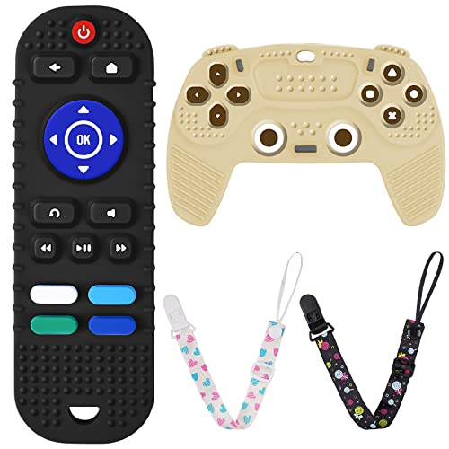 Image of 2PCS Silicone Baby Teething Toys, Remote Control Shape Teething Toys and Game Controller Teether Toy with 2PCS Pacifier Clip, BPA Free Silicone Remote Teether for Baby 3+ Months,Frozen(Black&Beige)