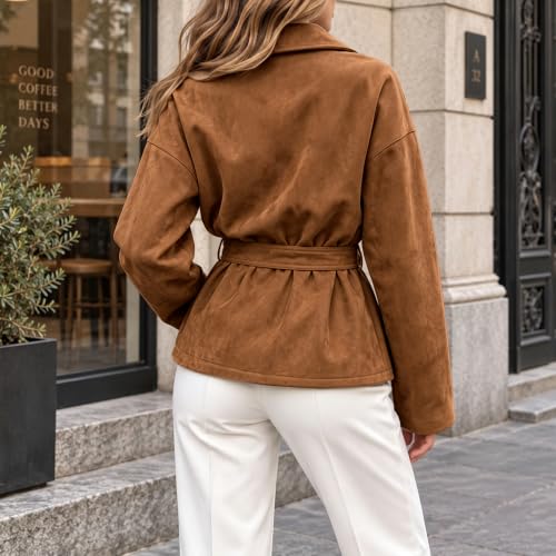 Rianclud Womens Faux Suede Cropped Jackets Lapel Tie Waist Short Coat - image 6