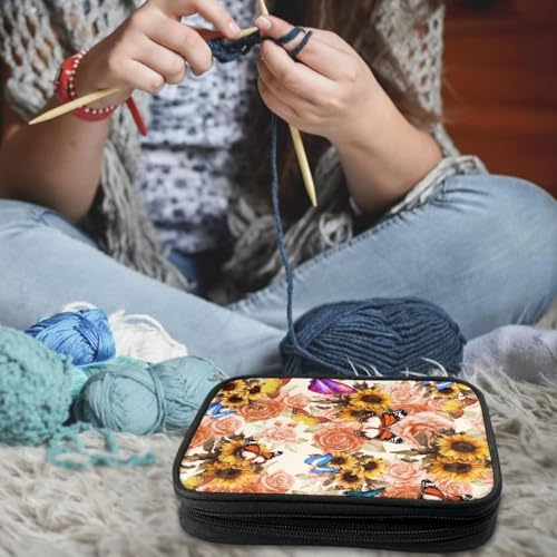 Image of Crochet Hook Case Sunflower Print Crochet Hook Holder Portable Crochet Hook Storage Bag with Web Pockets Suitable for Crochet Needles /Knitting Accessories