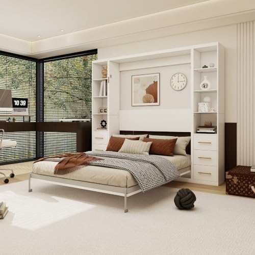 Image of KEIKI Queen Size Vertical Cabinet Murphy Bed with 2 Side Cabinet, Multifunctional Foldable Hideaway Wall Metal Bed Frame with Slats, No Box Spring Needed, Easy Assembly, for Bedroom, Guest room, White