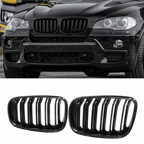 MAXDOM Replacement Front Upper Grill Fit for BMW (2007-2013) X5 E70 (2008-2014) X6 E71 – Gloss Black Double Slats ABS Grille