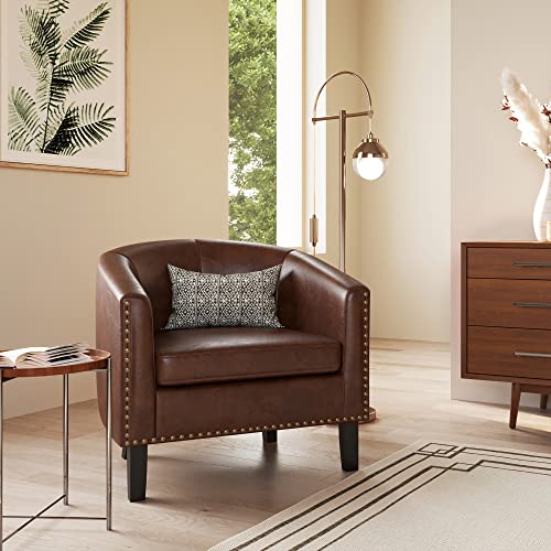 Image of BELLEZE Accent Barrel Chair, Set of 2 Modern Faux Leather Tub Club Chair Upholstered Armchair with Gold Nail Head Trim and Black Legs for Living Room Bedroom Apartment Lounge - Brown