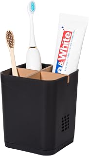 Electric Toothbrush Holder Tooth Brush and Toothpaste Organizer, Black | 4 Slots, Drainage Holes, Removable Bamboo Divider, Ventilation Design, Space-Saving, for Bathroom Countertop, Shower, Vanity