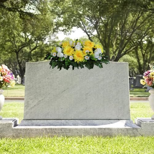 Yellow Artificial Cemetery Flowers Saddle Long-Lasting Bright Color Headstone Flower Saddle Cemetery Memorial Flowers for Outdoor Tombstone Decorations. image 5