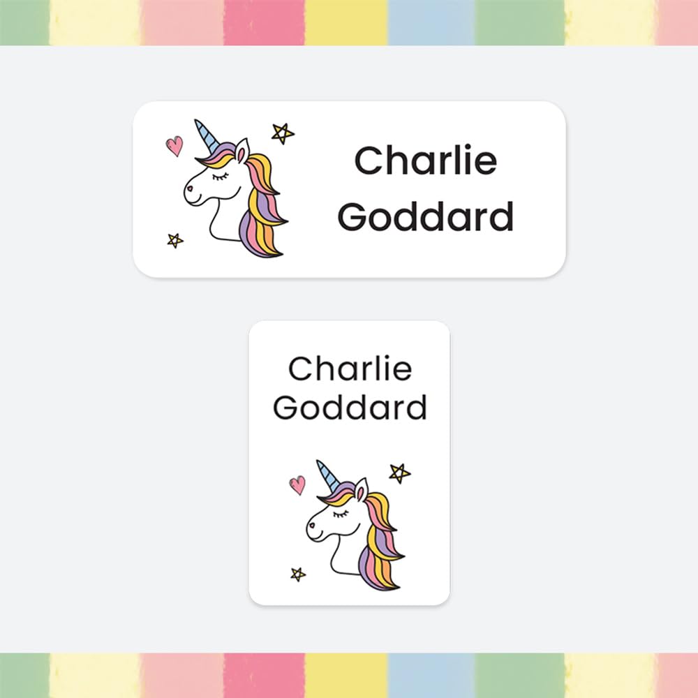 86 x Personalised Stick-On Waterproof Washable Name Labels Pack of 2 Sizes for Clothes, Water Bottles, School Uniform, Equipment, Shoes, School, Nursery, Day Care - Unicorn (SFP) — image 1