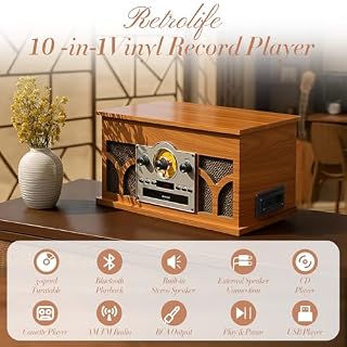 10-in-1 Record Player with Built-in Speakers Wireless Playback, CD & Cassette Player, USB Player, AM/FM Radio, 3 Speeds Turntable Vinyl Record Player Mahogany - Les Beatles, Paul McCartney, John Lennon, RIngo Starr, George Harrison 10-in-1 Record Player with Built-in Speakers Wireless Playback, CD & Cassette Player, USB Player, AM/FM Radio, 3 Speeds Turntable Vinyl Record Player Mahogany – Image 2