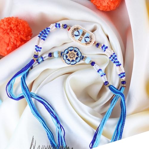 Image of Traditional Handmade Beaded Rakhi For Raksha Bandhan| Hand Bracelet For Brother| Wrist Band For Bhaiya & Bhabhi | Trendy Combination Designs Protective Thread Combo-Set Of 2