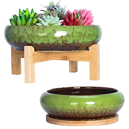 ARTKETTY Lot de 2 Pots de Fleurs colorés en céramique pour Plantes succulentes - 18,5/25 cm - Grand Pot à bonsaï avec Plateau - pour Cactus et Jardin