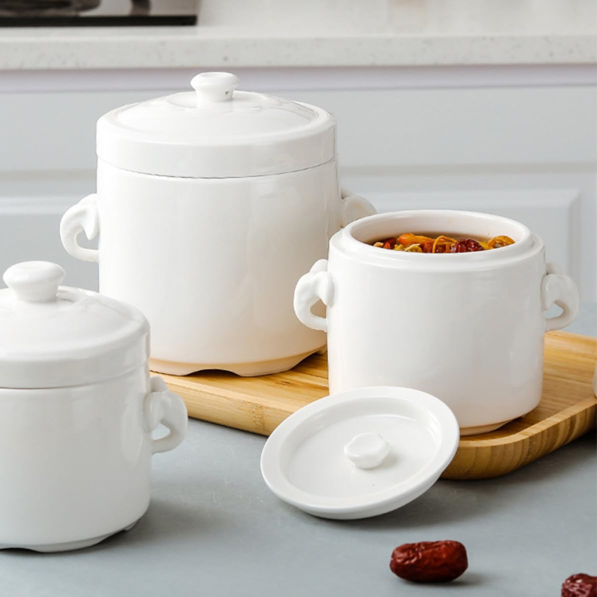 STOBAZA Ciotola per Stufato in Ceramica con Coperchio 1100ml, Pentola Multifunzione per Zuppa e Dessert, Design Classico Semplice per Uso Domestico