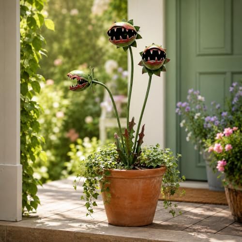 SZNB Whimsical Metal Carnivorous Plant Garden Stake 25-Inch Large Venus Flytrap Monster Sculpture Rust-Resistant Outdoor Yard Art Decor for Patios Flower Beds Lawn Planters & Quirky Garden Gift