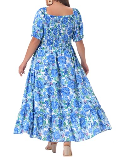 Image of Agnes Orinda Plus Size Dress for Women Short Sleeve Shirred Square Neck Floral Maxi Long Dresses
