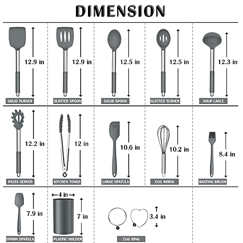 Silicone Cooking Utensils Set, E-Far 14-Piece Gray Kitchen Utensils Set With Holder, Kitchen Tools Spatulas With Stainless Steel Handle For Non-Stick Cookware, Heat Resistant & Dishwasher Safe #TOP1