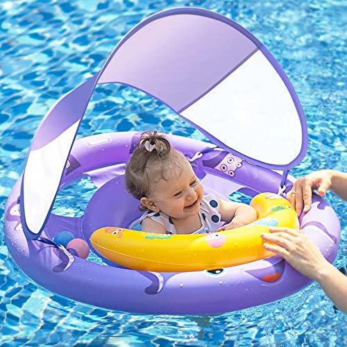 Image of AnbQuik Baby Pool Float with Removable UPF50+ Sun Protection Canopy, Baby Swim Floats for 6-24 Months Infant Toddler, Extra Wide Dual Air Chambers Anti-Roll Safety Design, Adjustable& Breathable Seat