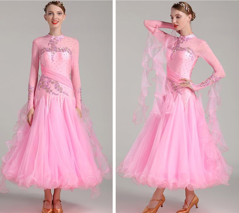 HEARTTOUCH Women Ballroom Dance Dress Modern Waltz Tango Dress Long Sleeve Flash Rhinestone Performance Competition Costume
