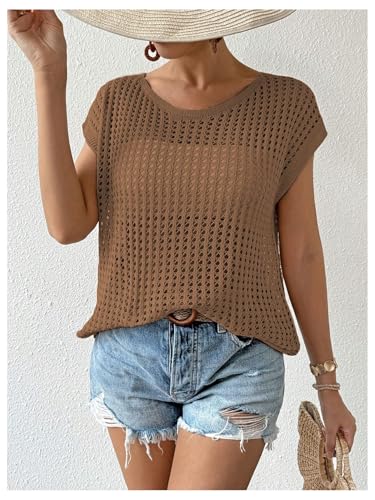 Image of Verdusa Women's Hollow Out Sheer Knit Top Dolman Sleeve Pullover Cover Up