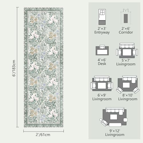Image of Botanical Floral Washable Runners for Hallways Area Rug 2x6 Light Green Cream Vintage Garden Design, Perfect for Carpet for Kitchen Bedroom Bathroom Laundry Room