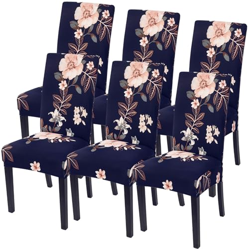 Image of SearchI Chair Covers, Set of 6, Spandex Super Fit Stretch Removable Washable Kitchen Parsons Chair Protector for Dining Room,Hotel,Ceremony, Navy+Flowers