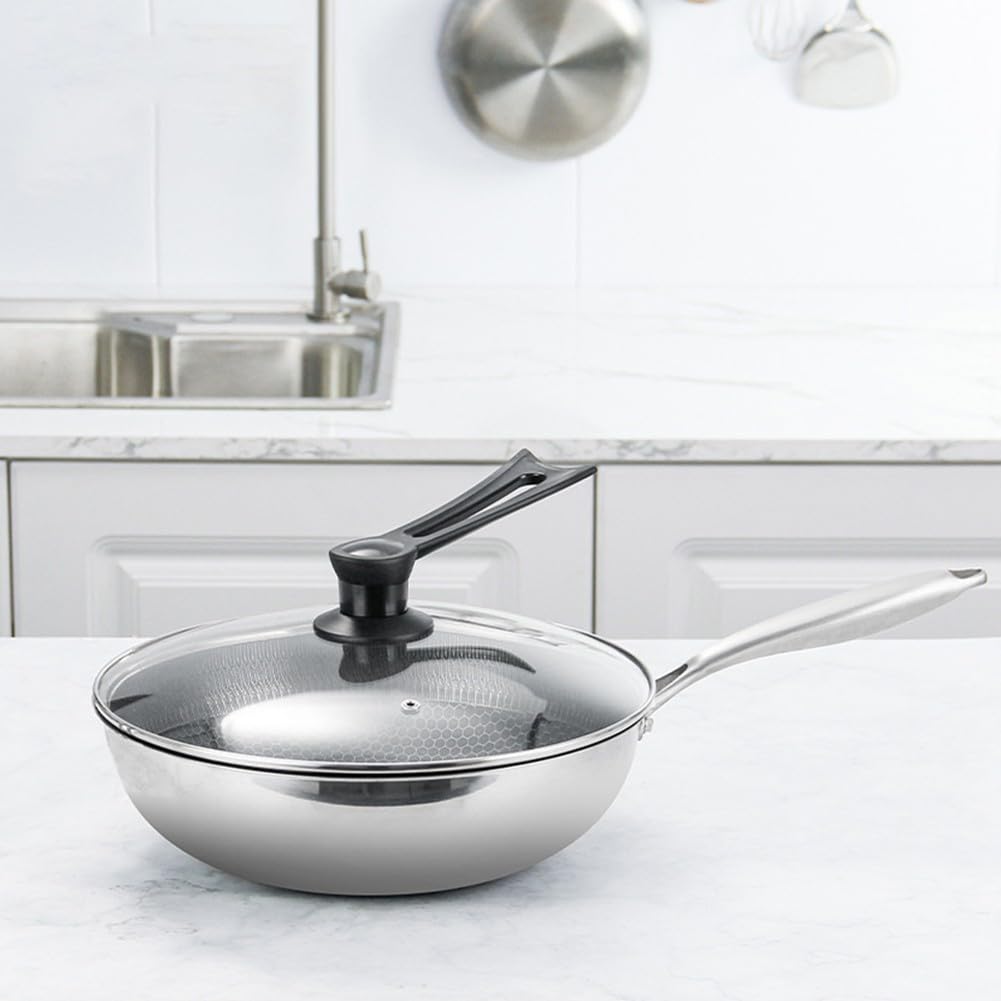 Wok in acciaio inox con coperchio, 32 cm, a induzione a tre strati, compatibile per cucinare in casa su fornelli a gas ed elettrici