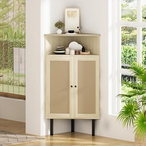 furlinkhm 4-Tier Corner Cabinet with Doors & Shelves, Rattan Freestanding Bar Storage Cabinet, Corner Table for Small Spaces, Living Room, Kitchen, Bathroom (Natural) Cover