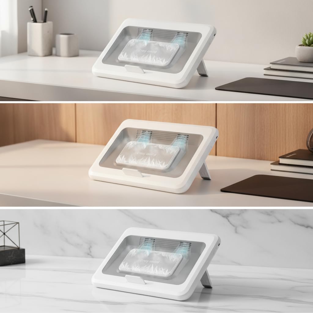 Base Refrigeradora Portátil Plegable y Soporte Ergonómico para y Escritorio – Elevador con Ventilador, Blanco Plateado, Plata