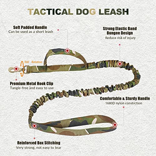 Tactical Dog Collar And Bungee Leash, Camo Military Dog Collar & Leash Set With Usa American Flag Adjustable K9 Collar With Heavy Duty Metal Buckle & Handle,With Patches And Airtags Case (M, Camo) #TOP2