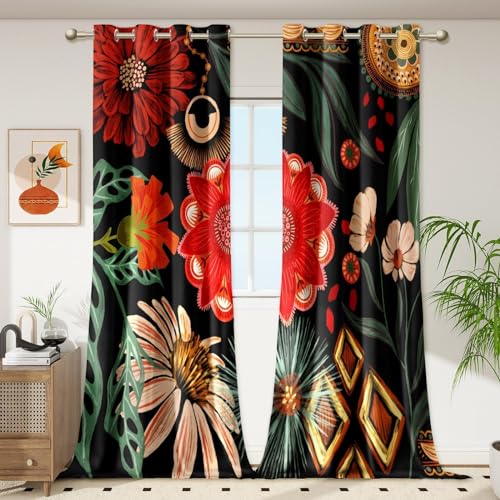 Image of Tyrot Black Floral Grommet Blackout Curtains, 52W x 108L, 2 Panels | Colorful Botanical, Thermal Insulated, Heat Blocking Privacy, Extra Long Drapes for Living Room and Bedroom, Heavyweight