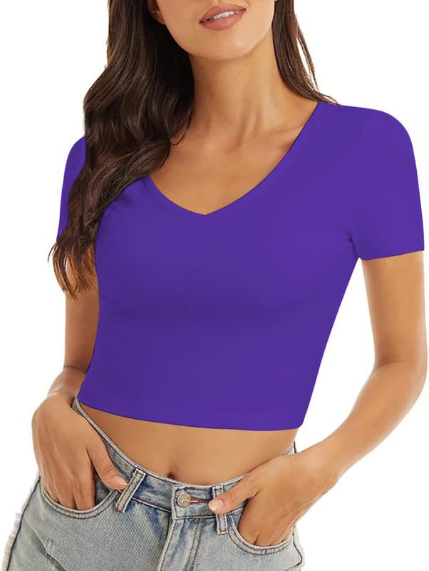 xolani Women's Fitted Crop Top Fashion Workout Shirts Tight Cotton Tee V Neck Short Sleeve X L2685 VK-picture-14