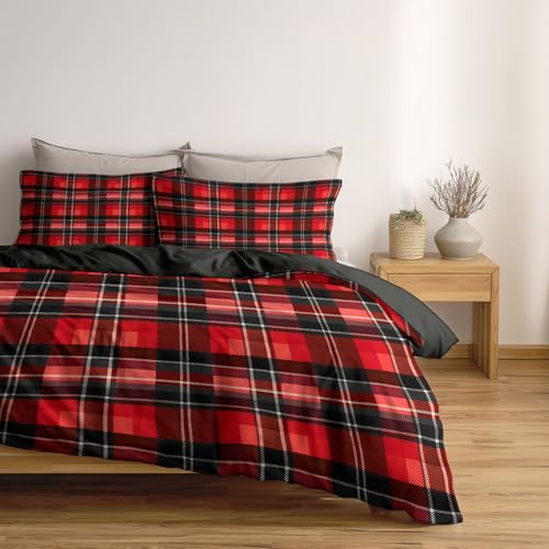Générique Housse de Couette 220 x 240 cm Tartan Écossais Carreaux, Haut de Gamme Parure de Lit et 2 x Taie d'oreiller, Lot de 3, Gris Ardoise Foncé, Linge de Lit en Microfibre avec Fermeture Éclair