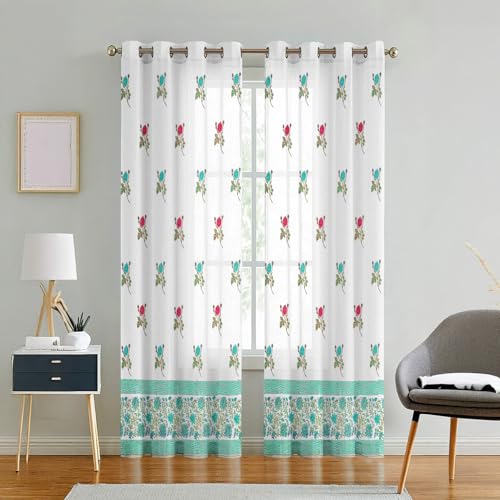 Image of LINENWALAS Printed Decorative Cotton Sheer Curtains 5 Feet Long Set of 2 Panel, Grommet Hanging, Rose Symphony Curtains for Children Room, Living Room, Home Decor (L-8 x W-4.5 Feet)
